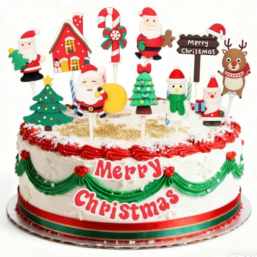 Christmas Cake Toppers, Christmas Cupcake Decorations Toppers, 12 Piece Toppers Santa, Xmas Tree Santa Snowman Picks Cake Decorations for Party Home Holiday Supplies