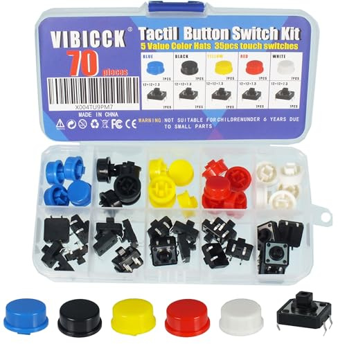 VIBICCK 35 juegos de interruptores táctiles táctiles de 12 x 12 x 7,3 mm, microinterruptores PCB instantáneos de 4 pines con tapas, adecuados para Arduino, AE1027, kit de combinación de tapas
