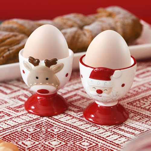Talleros Weihnachtsdeko Eierbecher, Weihnachten Deko Santa Claus Eierbecher aus Keramik, Lustiger Gekochte Eierhalter, Niedlicher Weihnachtsmann Elch Eierständer Tischdeko, Freunde (2er)