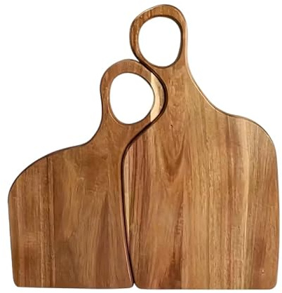 Lot de 2 planches à découper en bois avec poignée – Planches de service en acacia pour cuisine, fromage, pain ou charcuterie – Ensemble de planches à découper rustiques pour la préparation des