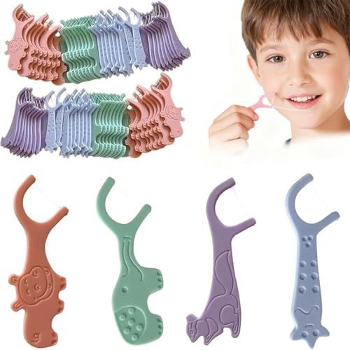 80 pezzi di filo interdentale per bambini, set per la cura dei denti, 4 forme di animali, filo interdentale per bambini, per la pulizia dei denti, per spazi interdentali stretti