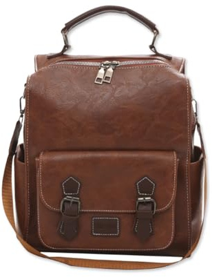 SONARIN Vintage Polyvalent Sac à Dos Femme,Mode PU Sac à Dos Loisir pour Dames Sacs d'École Cartable Filles,Sacs à Bandoulière Convertible pour Collège Travail Voyage(Marron)