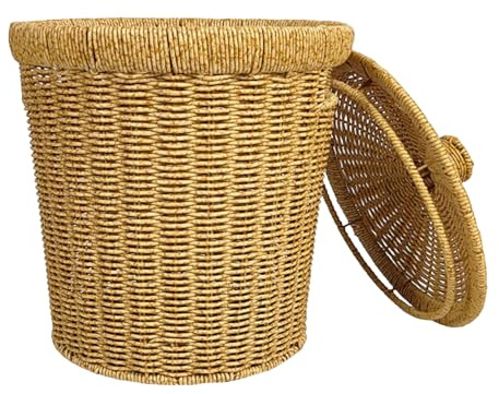 TOPPERFUN Poubelle Tressée avec Couvercle Ronde Marron en Pp et Fer | Coffre Rotin, Petite Poubelle pour Salle de Bain, Entretien Facile