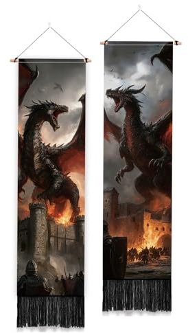 PLIGREAT 2 Stück Wandteppich Im Mittelalterlichen Drachenstil Fantasievoller Roter Drache – Langer Vertikaler Wandteppich Mit Quasten – Kreative Wanddekoration Für Schlafzimmer Wohnzimmer
