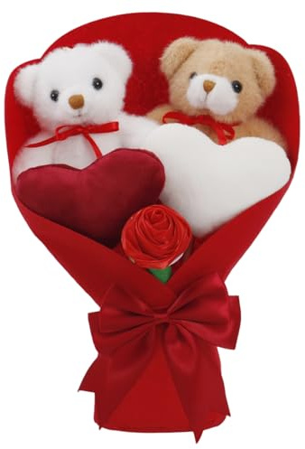 Licsaliwe Ramo de Flores de Felpa, Flores de San Valentín con Mini Osito de Peluche, arreglo de Peluche Suave de 12 Pulgadas para decoración del hogar