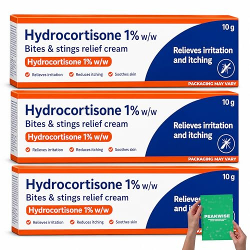 3 x Hydrocortisone Cream 1% w/w - Bite and Sting Cream for Mosquito and Bee Sting Treatment, Anti-Itch Cream and Redness Solution, (3 x 10g Tube) Peakwise Bundle Relief Guide (Brand May Vary)
