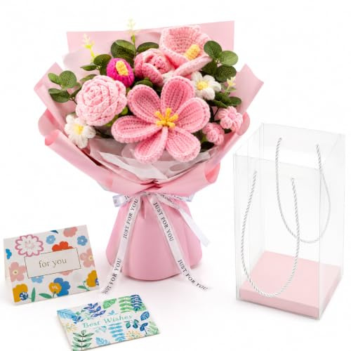 XLTXWD 4PCS Crochet Flowers, Tulip Bouquet, Handmade Floral Arrangements for Home Decor and Gift Giving, Includes Pink Flowers, Gift Bag and Greeting Cards