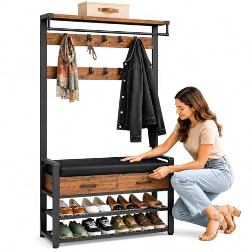 Segenn Garderobe mit Sitzbank und Schuhregal – mit 2 Schubladen - Garderobenständer mit Kleiderstange, 8 Doppelhaken, 2 Schubladen und Schuhablage – Flurgarderobe mit Sitzfläche 80 x 32 x 181 cm