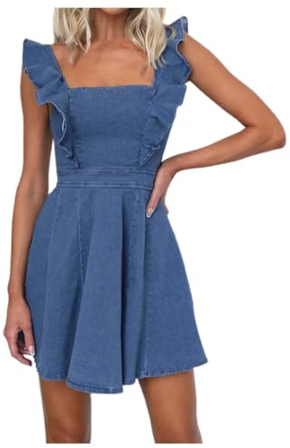 Sommarmode Jeansklänning for Kvinnor Casual Flytande Ärmar Jeans Med Öppen Rygg(Bu2,XL)