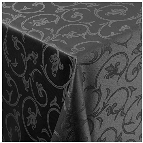 Tischdecke Damast Stoff Barock Tulpen Tischtuch Bügelarm oval 160x280 cm in Schwarz mit umgenähtem Rand Premium Qualität