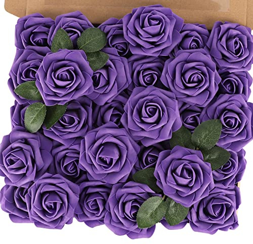 MACTING Purple Artificial Flowers 30PCS Fake Roses with Stem Real Touch Soft Foam Roses for Valentines Day Gifts DIY Wedding Bouquet Table Centerpieces Party Bridal Shower Home Spring Decorations