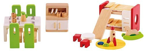 Hape E3454 Esszimmer, grüne Stühle/weißer Tisch/schrank mit weißen Türen & E3456 - Kinderzimmer