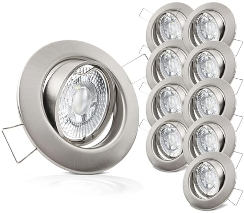 trendlights24 Decora LED Decken Einbaustrahler flach 35 mm 5W 230V 10er Set | Edelstahl gebürstet Optik, rund, LED Spots, Neutralweiß, 4000k, 400lm, austauschbar, Einbauleuchte, schwenkbar, 68 mm