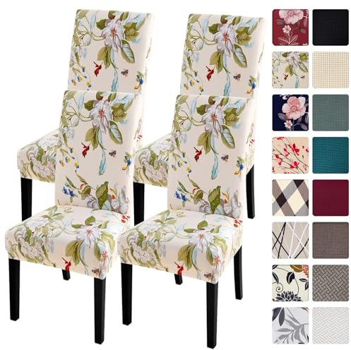 SearchI Chair Covers Slipcovers Set of 4, Spandex Super Fit Stretch Removable Washable Kitchen Parsons Protector for Dining Room,Hotel,Ceremony,Beige+Flowers
