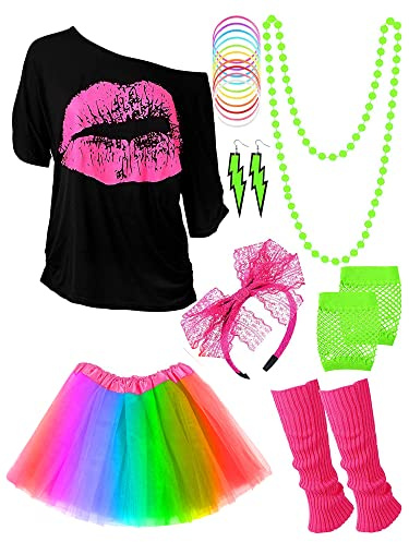 80er Jahre Outfit Kostüm Zubehör für Frauen Neon T-Shirt Tutu Rock für Halloween