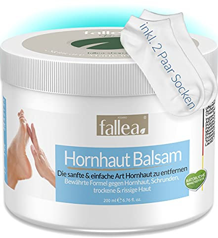 Fallea Hornhaut Balsam | Über Nacht gegen Hornhaut | 10% Urea, Jojoba-Öl, Teebaumöl, Arnika | Behandlung von Hornhaut, Schrunden, trockene Haut | Hornhautentferner (inkl. 2 Paar Socken 40-44)