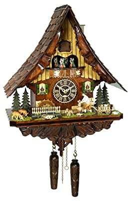Trenkle Quartz Cuckoo Clock Black Forest House with Music, Moving Wood Chipper, Turning Water milll and Dancers