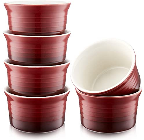 LOVECASA Moldes para Soufflé Creme Brulee Postre Ramekins, 280ML, Juego de 6 Mini Cuencos Moldes para Hornear de Cerámica, Rojo Degradado
