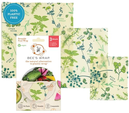 Bee's Wrap Vegan Beeswax Wraps for Food - 3 Pack of Assorted Beeswax Wraps - Small, Medium & Large Wrap - Plastic Free Made in USA Reusable Natural Food Wrap - Herb Garden Print