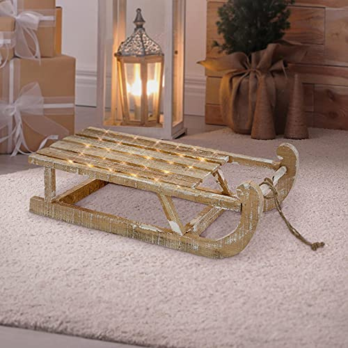 ECD Germany Slitta Decorativa di Natale in Legno Marrone 50,5 x 13,5 x 23,5 cm con Illuminazione Luci a LED Bianco Caldo Decorazione Natalizia per Interni Arredo Casa Ornamento Feste Regalo