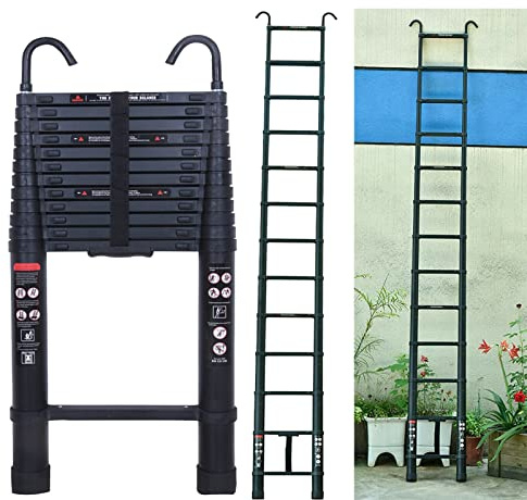 Alu Teleskopleiter Klappleiter Ausziehbar 3,2m, Anlegeleiter Alu mit 2 Haken, Sicherheitsschloss, 11 Sprossen, Ausziehleiter Teleskopleiter für Outdoor & Indoor, 150kg Tragkraft, EN131