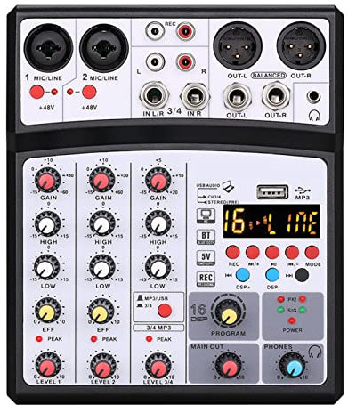 FGHSD Mixer DJ Portatile, Mixer Audio Bluetooth Professionale Console di missaggio Audio DJ USB a 4 canali ?Karaoke 48V Phantom Power per Party Studio