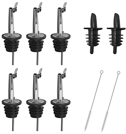 SIKAMARU 6 vertedores de acero inoxidable y 2 vertedores de caucho, jarabe de aceite de oliva, vinagre y vinagre, tapón de botella de vino tinto, champán y cerveza, con 2 cepillos de limpieza.