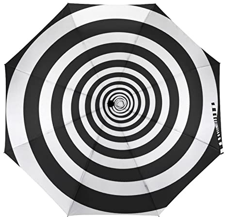 AMRANDOM Travel Folding Umbrella Auto Open And Close Waterproof For Car Rain Outdoor Use For Walking/Car With Black Anti-Uv Coating- (Black And White Abstract Geometric Spiral pattern)-Automatic