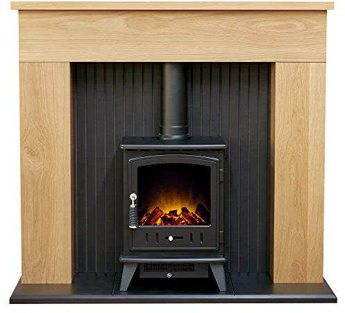 Adam Innsbruck Stove Fireplace in Oak with Aviemore Electric Stove in Black, 45 Inch