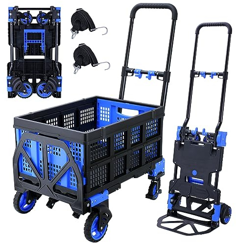 2-in-1Folding Hand Truck Dolly with Folding Basket, 330LBS Capacity Foldable Hand cart,Folding Dolly with Retractable Handle,Hand Truck Foldable with 4 Wheels for Moving