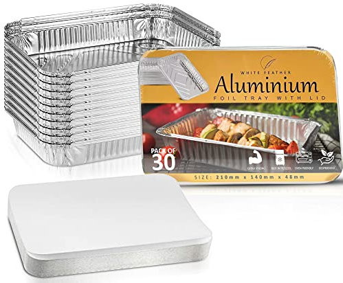 30Pcs Medium Aluminium Foil Trays with Lids 21x14cm - BPA Free, Sturdy, Leakproof Air Fryer Foil Containers - Disposable BBQ Trays for Meal Prep, Roasting, Grilling, Takeaway, Baking Tray
