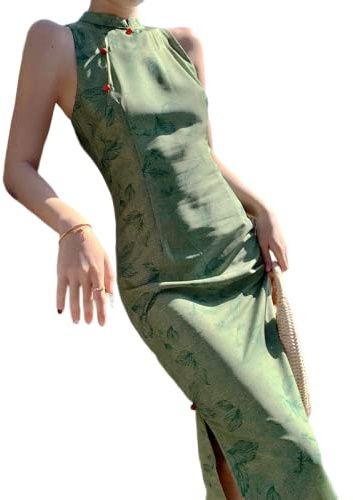 YAROVA Chinesischer Kleid Für Damen - Sommer Ärmellos Split Cheongsam Vintage Chinesischen Stil Kleid Mode Elegant Sexy Schlank Mittellange Kleider Frauen Bankett Qipao