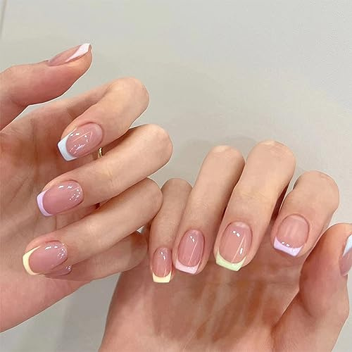 24Pcs Press On Nails - Square Fake Nails with Glue Full Cover - False Nails Tips Set with Glue & DIY Tools - For Women Girls Removable False Nails Art (French with Rainbow Color Design)