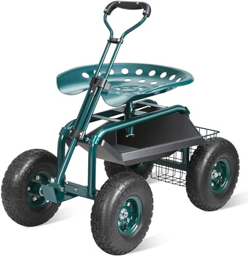 VEVOR Rollsitz Gartenwagenrollsitz aus Stahl bis 136kg belastbar Gartensitz Gartenwagen mit 25cm Griff und 45-54cm höhenverstellbarem Sitz Rollwagen 30PSI Reifendruck Arbeitssitz Gartensitz Grün
