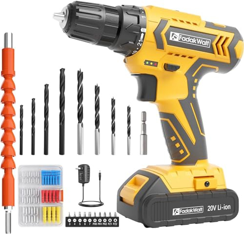 FADAWALT Power Cordless Drill Driver, 20V CordlessDrill and Screwdriver Set, Green Electric Combi Drill Kit 21+1 Torque, DIY Accessory Set, 2 Variable Speeds, Suitable for Wood, Metal