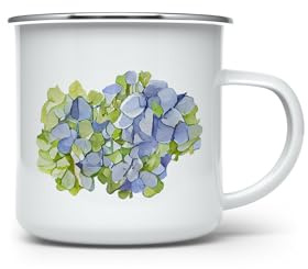 MAXIKIWI - Durable Enamel Coffee or Tea Camping Mug for Indoor Outdoor Use - Blooming Hydrangeas - 350ml