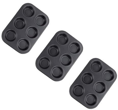 SDMAX Non-Stick 6 Slot Baking Tray, Muffin Tray, Sturdy, Heat Resistant, Cupcake Pan, Yorkshire Pudding Pies, Round, Cake Mould, Easy to Clean, Black (3PCS)