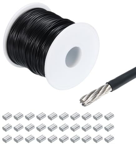 QUARKZMAN Drahtseil Edelstahl 100M x 2 mm Stahlseil PVC ummantelt mit 30 Aluminiumhülsen Sicherungsdraht Aufhängedraht Drahtkabel Wäscheleine für Bilder Outdoor Zaun Gardinen, Schwarz