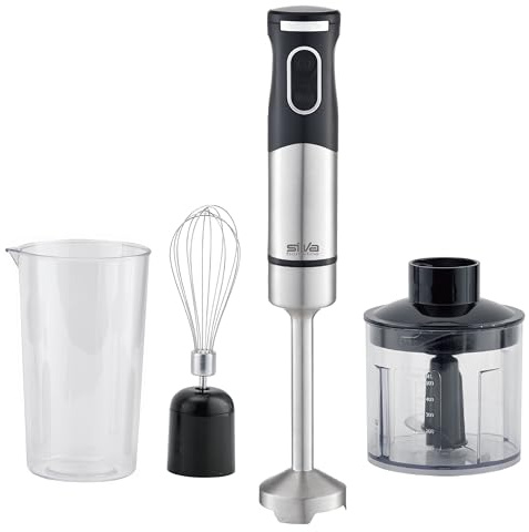 Set frullatore a immersione in acciaio inox Silva Homeline, 700 Watt, 2 livelli di velocità, tritatutto multiuso, frusta e misurino, motore DC extra silenzioso, 18.000 giri/min, nero, SMS 6502