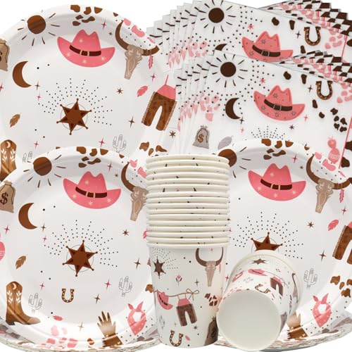 Doyomtoy Rosa Cowboy Partygeschirr,60 Stück Cowgirl Geburtstag Party Geschirr Pappteller Becher Servietten Cowboy Partygeschirr Kindergeburtstag Deko,Geeignet für Geburtstag,Baby Shower Party
