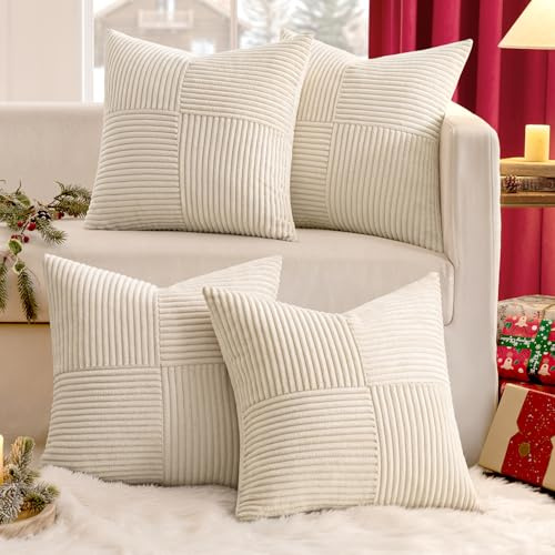MIULEE Kissenbezug 45x45 Kordsamt Sofakissen Patchwork Beige 4er Set | Dekokissenhülle Zierkissenbezüge Square Zierkissen für Sofa Wohnzimmer Schlafzimmer
