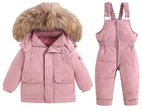BRONG Bambino Tuta da Neve Inverno Bambini Giù Giacche Cappotto con Cappuccio Staccabile Nevicare Pantaloni Impermeabile Ragazze Ragazzi Tuta da Sci Impostato Rosa 2-3 Anni