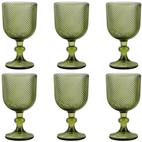 Taganov Green Glasses Drinking Wine Water Goblets Glassware set of 6 Vintage Stem Glasses Stemware 12 Ounces for Wedding Party Bar Twill Pattern Striped 350 ml