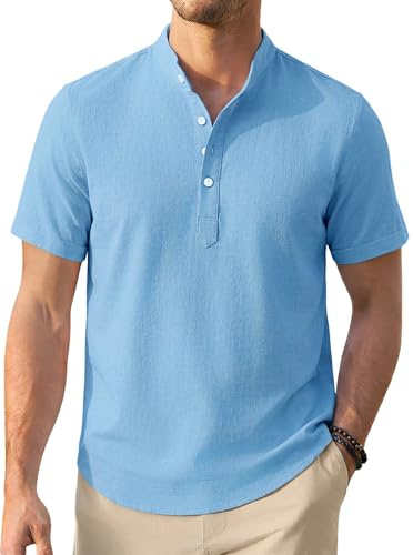 Enlision Blue Linen Shirt for Men Short Sleeve Grandad Collar Shirt Casual Summer Beach Holiday Henley T-Shirts 2XL