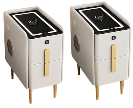 Smalt nattduksbord för sovrum, 3-färgs LED-sängskåp med USB/Typ-C/trådlös laddningsstation, Sängbord med 2 lådor, högtalare och fingeravtryckslås (Färg: Vit 2 st, Storlek: 35x40x48cm