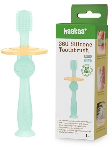 haakaa 360° Kinder-Zahnbürste mit Saugfuß - Silikon - Blau | 360° Kinder-Zahnbürste aus lebensmittelechtem Silikon mit Saugfuß für eine sanfte Reinigung