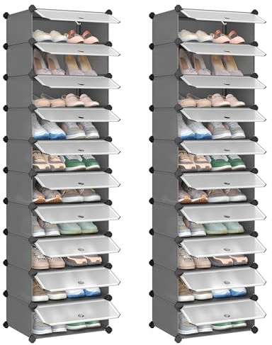 SONGMICS Schuhregal mit 10 Ebenen, 2er Set, Steckregal, mit Tür | Regalsystem, Schuh-Organizer, DIY-Regal, aus PP-Kunststoff, grau