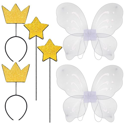 Sratte 6 Pcs Fairy Costumes, Fairy Wings Dress Up Wings Butterfly Glitter Star Wand and Gold Crown Headband Set, Halloween Costume Dress Up Accessories Birthday Decorations Party Play Accessories
