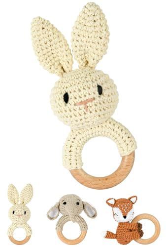OFFCUP Hochet Bébé Jouet 0 3 6 9 Mois, Anneau de Dentition en Bois Bebe Jouet Eveil Hochet Sensorielle et Poupées Tricoté, Jouets Montessori éveil Bebe Cadeau Naissance - Lapin
