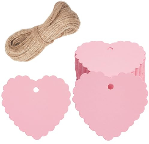 CRASPIRE 100Pcs Pink Heart Gift Tags 2.4x2.56 Lace Edged Paper Gift Tags Blank Hang Tag with 65.6Ft(20m) Jute Twine Hanging Labels for Christmas Valentine's Day Wedding DIY Craft Party Favor Supplies